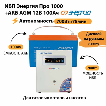 ИБП для котла Энергия Про 1000 + Аккумулятор 100 Ач 12 В (700Вт - 78мин) - ИБП и АКБ - ИБП для котлов - Магазин сварочных аппаратов, сварочных инверторов, мотопомп, двигателей для мотоблоков ПроЭлектроТок